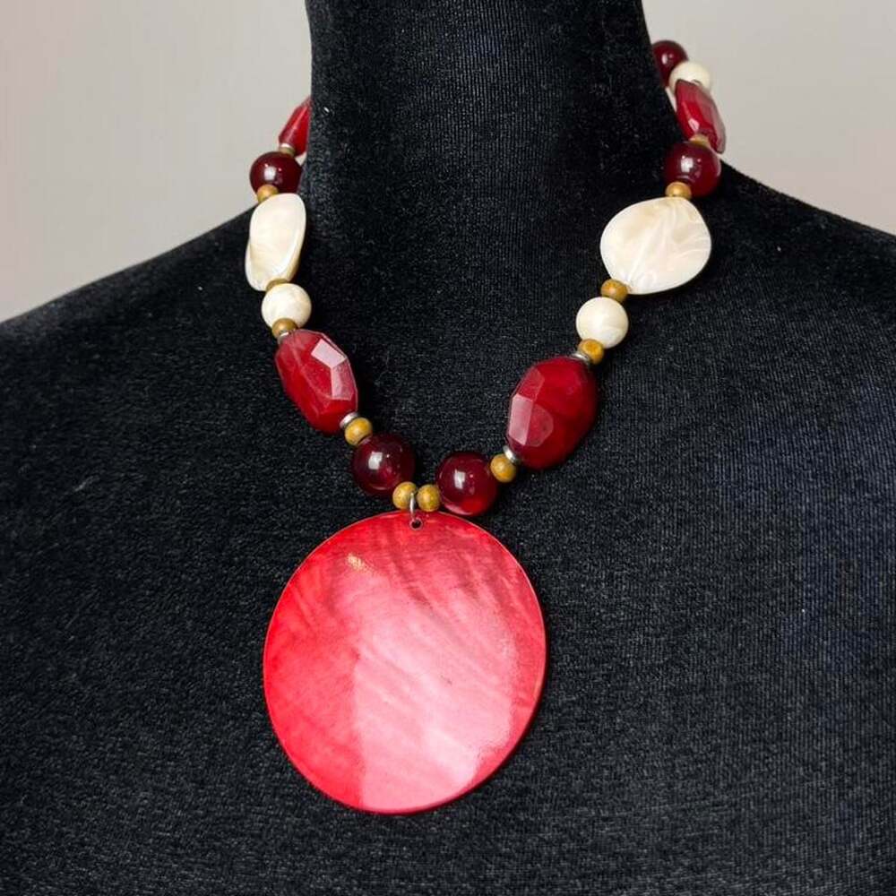 Red and Ivory Stone Beaded Statement Necklace with Large Pendant